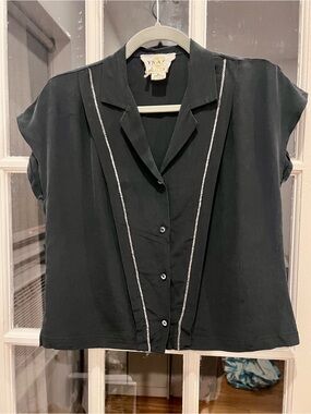 Vintage Black Button-Front Women's Top beads and silk blouse 6